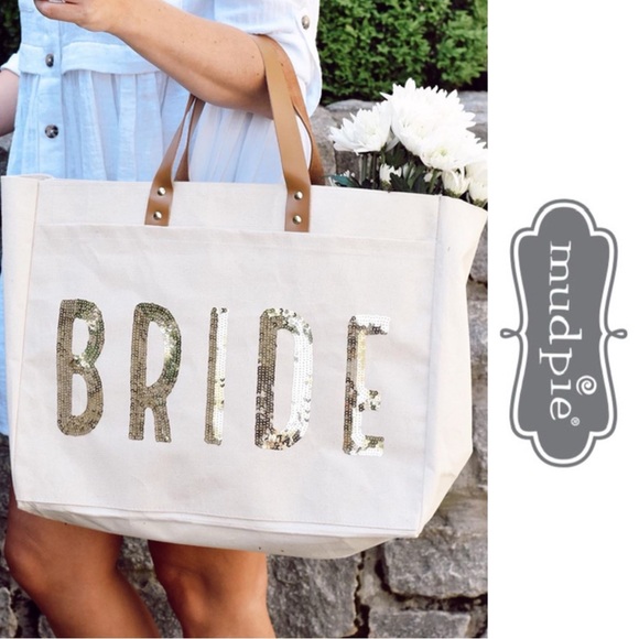 Mudpie | Cream and Gold Sequin Bride Tote Bag | One Size - Picture 1 of 10